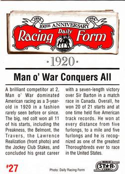 1993 Horse Star Daily Racing Form 100th Anniversary #27 Man o' War Back